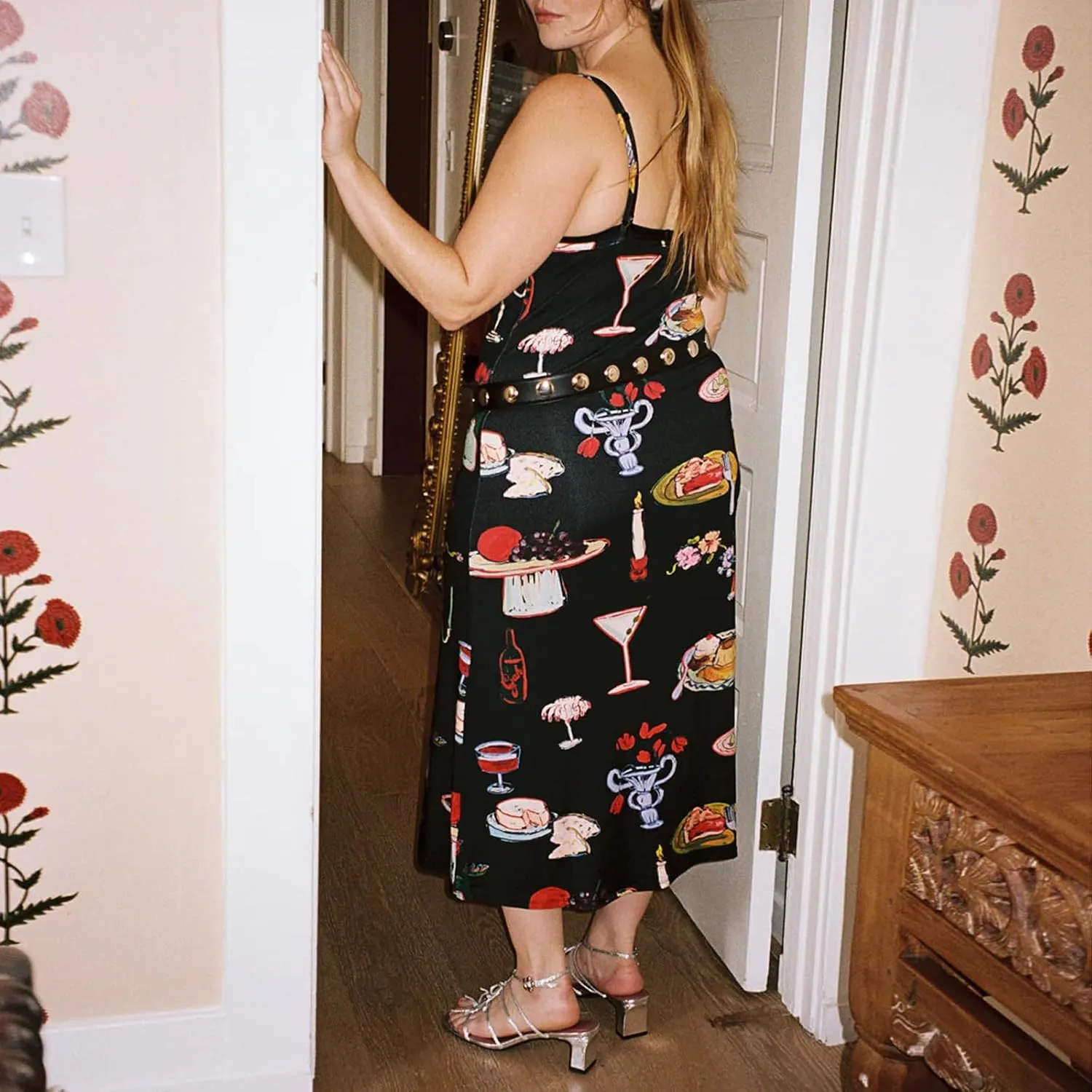 Women Cute Tapas Fruit Maxi Dress Spaghetti Strap Floral Midi Slip Dress Backless Sundress