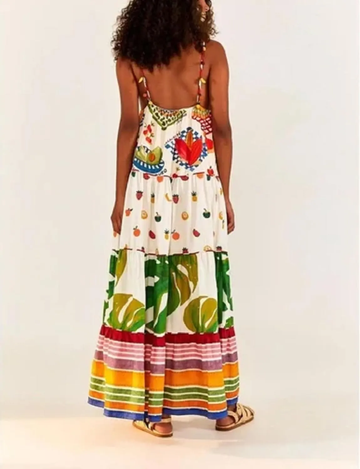 Women Cute Tapas Fruit Maxi Dress Spaghetti Strap Floral Midi Slip Dress Backless Sundress
