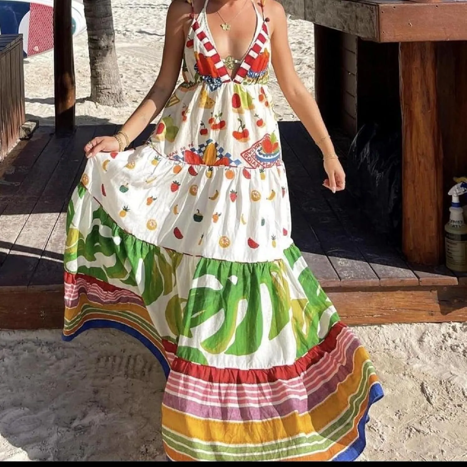 Women Cute Tapas Fruit Maxi Dress Spaghetti Strap Floral Midi Slip Dress Backless Sundress