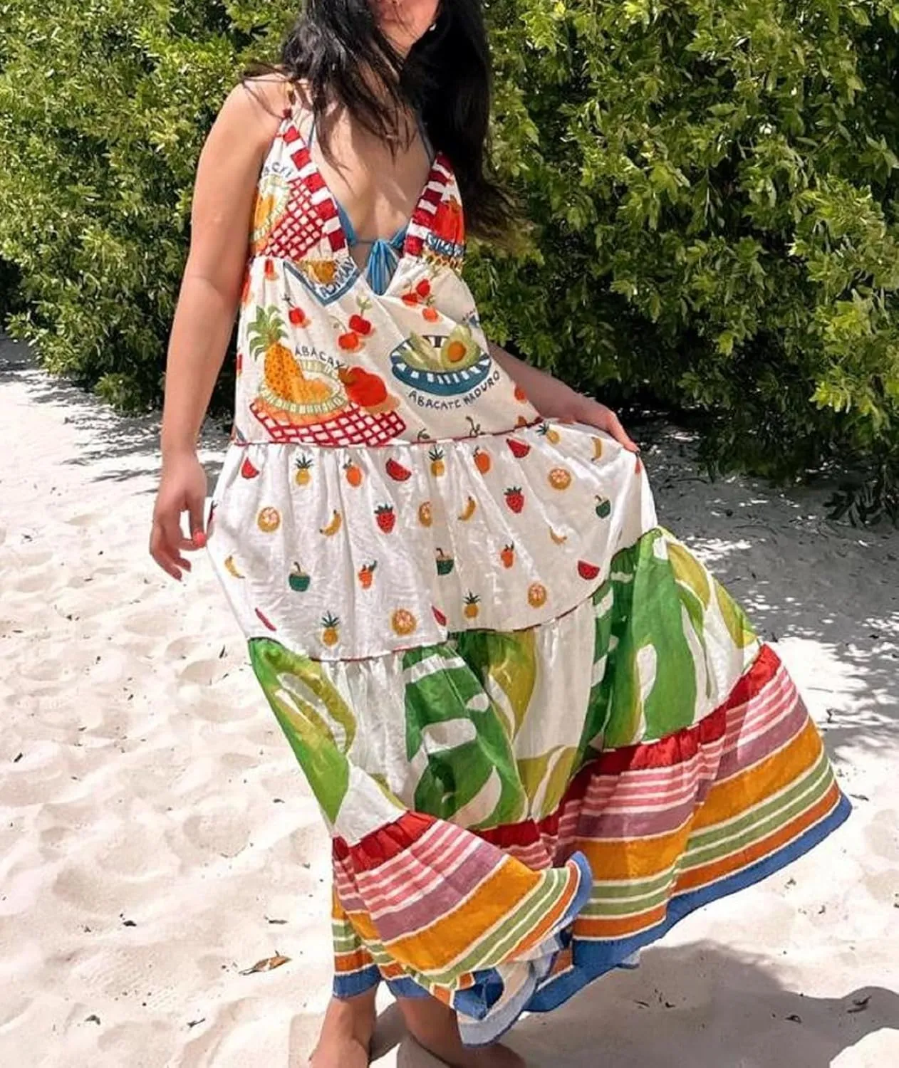 Women Cute Tapas Fruit Maxi Dress Spaghetti Strap Floral Midi Slip Dress Backless Sundress