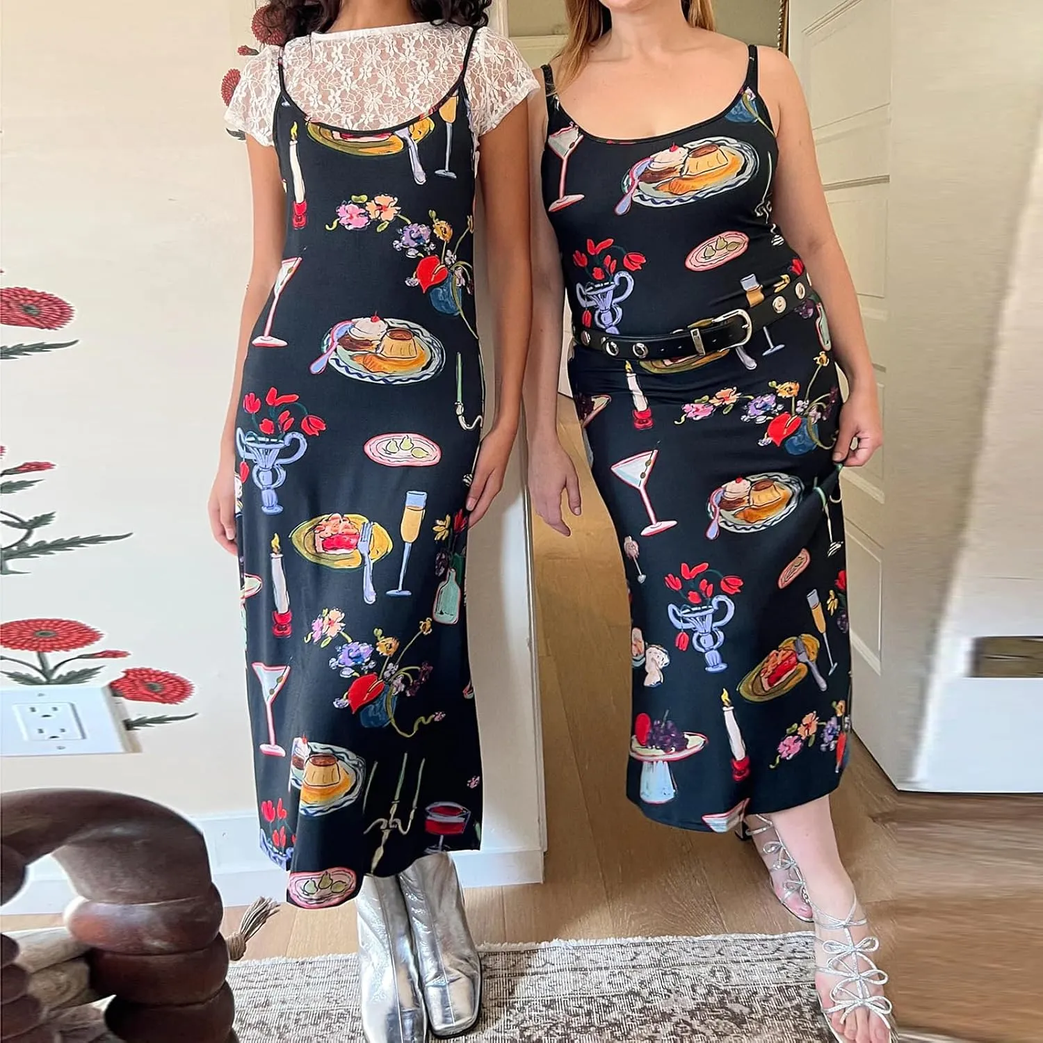 Women Cute Tapas Fruit Maxi Dress Spaghetti Strap Floral Midi Slip Dress Backless Sundress