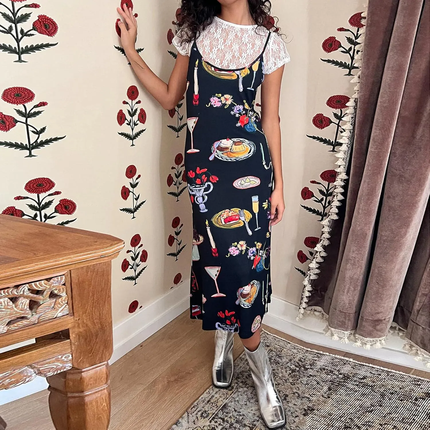 Women Cute Tapas Fruit Maxi Dress Spaghetti Strap Floral Midi Slip Dress Backless Sundress