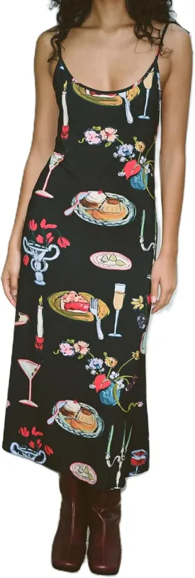 Women Cute Tapas Fruit Maxi Dress Spaghetti Strap Floral Midi Slip Dress Backless Sundress