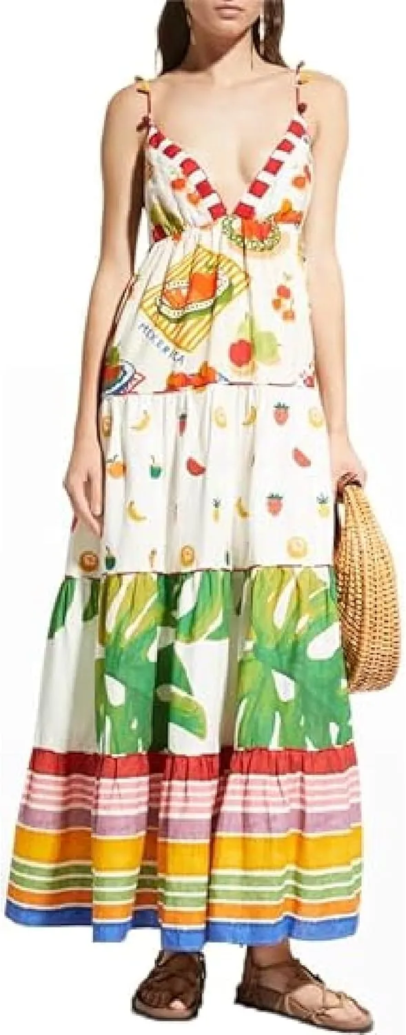 Women Cute Tapas Fruit Maxi Dress Spaghetti Strap Floral Midi Slip Dress Backless Sundress