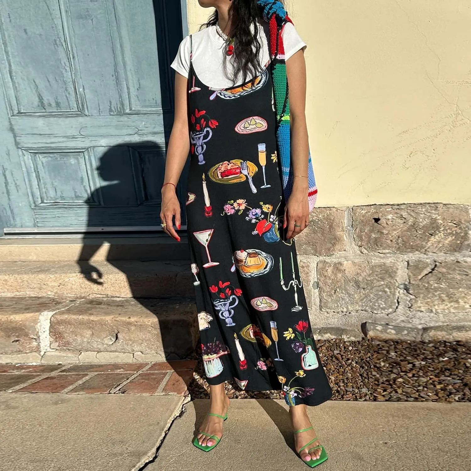 Women Cute Tapas Fruit Maxi Dress Spaghetti Strap Floral Midi Slip Dress Backless Sundress
