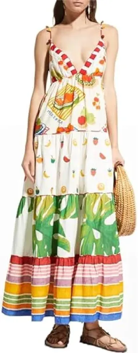 Women Cute Tapas Fruit Maxi Dress Spaghetti Strap Floral Midi Slip Dress Backless Sundress