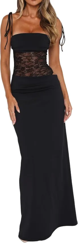 Women Sexy Cutout Maxi Dress Sleeveless Lace Patchwork Bodycon Dress Backless Summer Going Out Long Dresses
