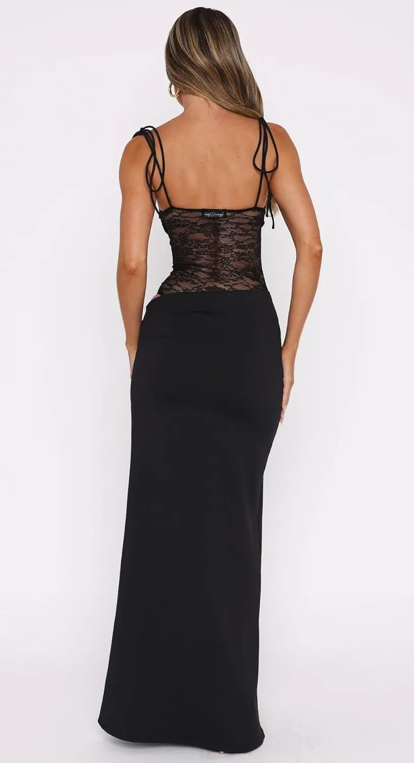 Women Sexy Cutout Maxi Dress Sleeveless Lace Patchwork Bodycon Dress Backless Summer Going Out Long Dresses