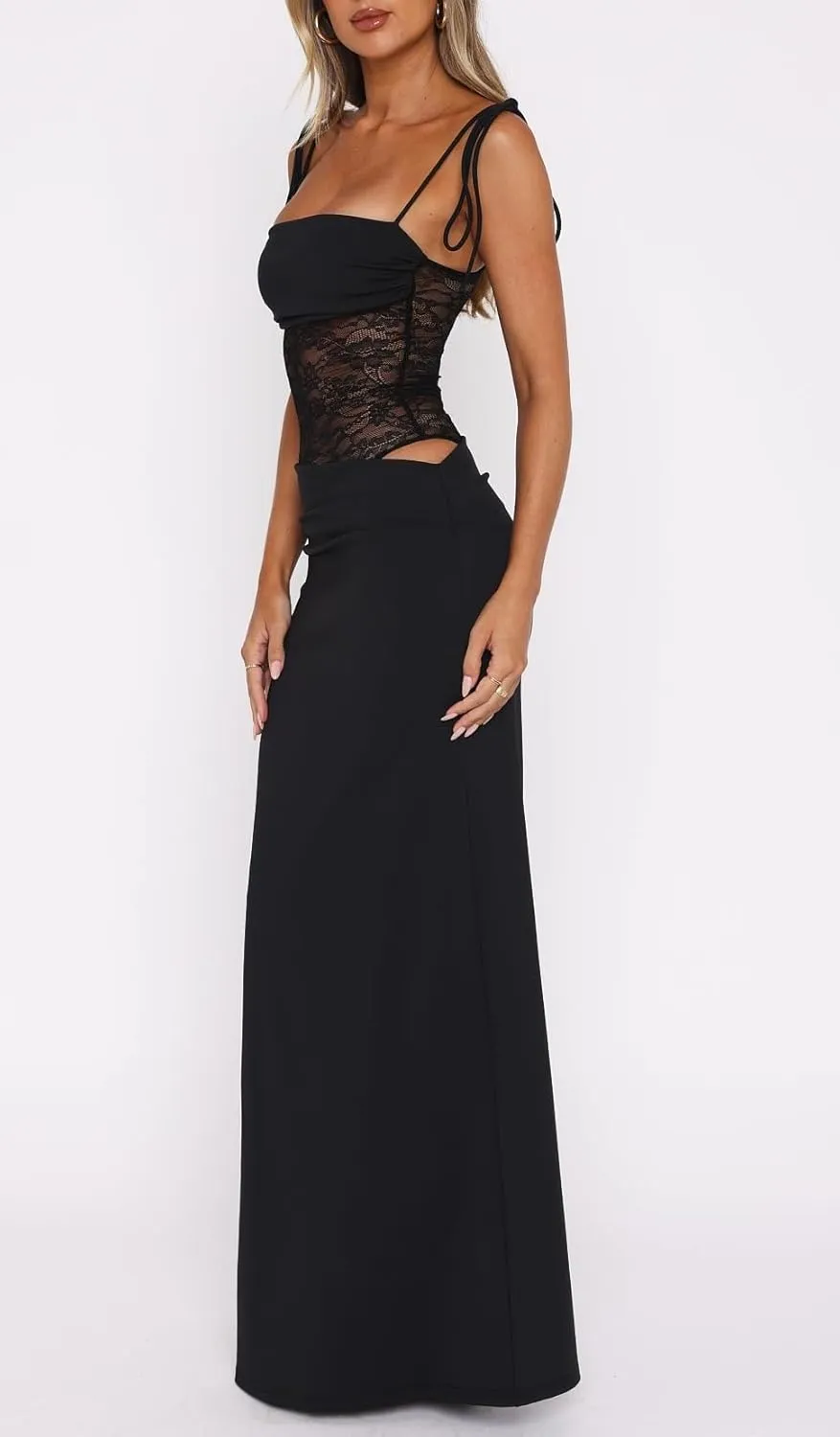 Women Sexy Cutout Maxi Dress Sleeveless Lace Patchwork Bodycon Dress Backless Summer Going Out Long Dresses