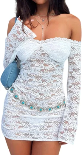 Women Sexy Off Shoulder Floral Lace Bodycon Mini Dress Y2K Flared Sleeves Short Dress Mesh Sheer Night Out Dresses Women Sexy Off Shoulder Floral Lace Bodycon Mini Dress Y2K Flared Sleeves Short Dress Mesh Sheer Night Out Dresses