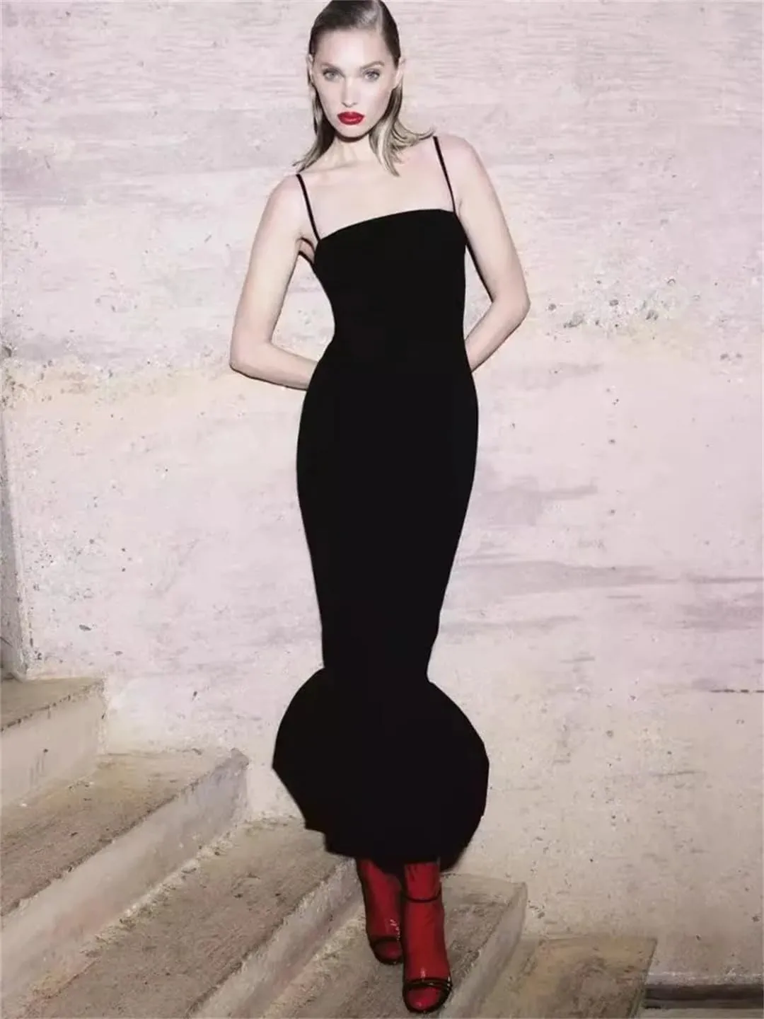 Women Spaghetti Strap Knit Fishtail Dress for Gown Black Sleeveless Backless Bodycon High Waist Sexy Long Dress