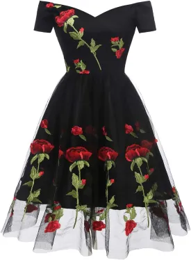 Women Vintage Off Shoulder Rose Embroidered Floral Evening Dress V Neck Short 3/4 Sleeves Wedding Cocktail A Line Midi Gown Women Vintage Off Shoulder Rose Embroidered Floral Evening Dress V Neck Short 3/4 Sleeves Wedding Cocktail A Line Midi Gown