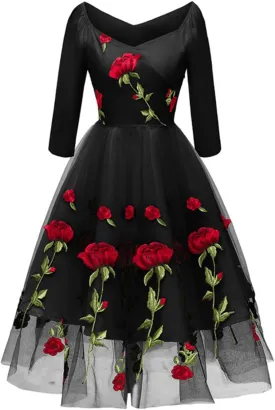 Women Vintage Off Shoulder Rose Embroidered Floral Evening Dress V Neck Short 3/4 Sleeves Wedding Cocktail A Line Midi Gown Women Vintage Off Shoulder Rose Embroidered Floral Evening Dress V Neck Short 3/4 Sleeves Wedding Cocktail A Line Midi Gown