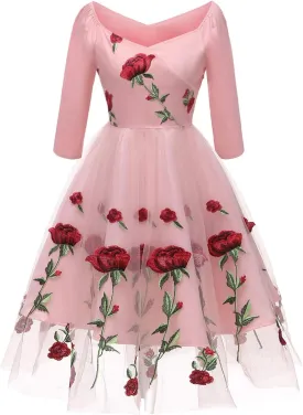 Women Vintage Off Shoulder Rose Embroidered Floral Evening Dress V Neck Short 3/4 Sleeves Wedding Cocktail A Line Midi Gown Women Vintage Off Shoulder Rose Embroidered Floral Evening Dress V Neck Short 3/4 Sleeves Wedding Cocktail A Line Midi Gown