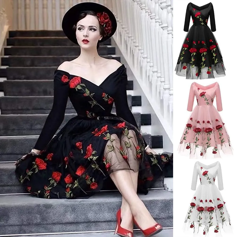 Women Vintage Off Shoulder Rose Embroidered Floral Evening Dress V Neck Short 3/4 Sleeves Wedding Cocktail A Line Midi Gown