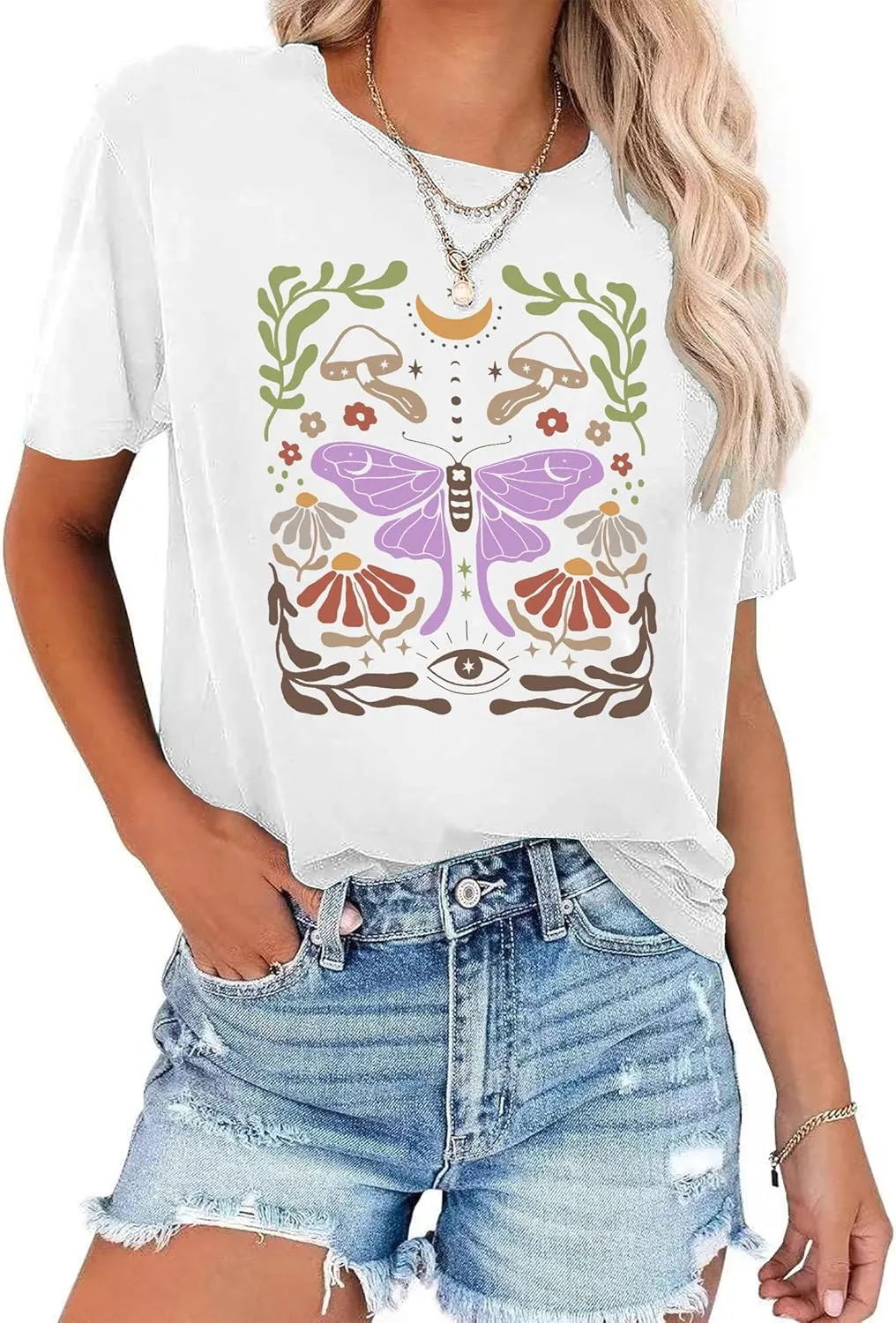 Women's Boho Butterflies Shirts Moon Moth Flower Tshirt Botanical Bee Print Tee Nature Lovers Tops