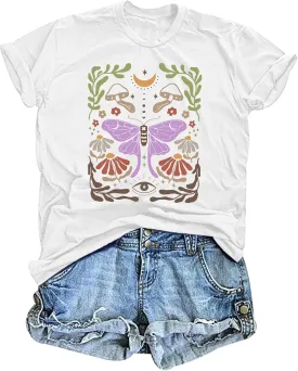 Women's Boho Butterflies Shirts Moon Moth Flower Tshirt Botanical Bee Print Tee Nature Lovers Tops