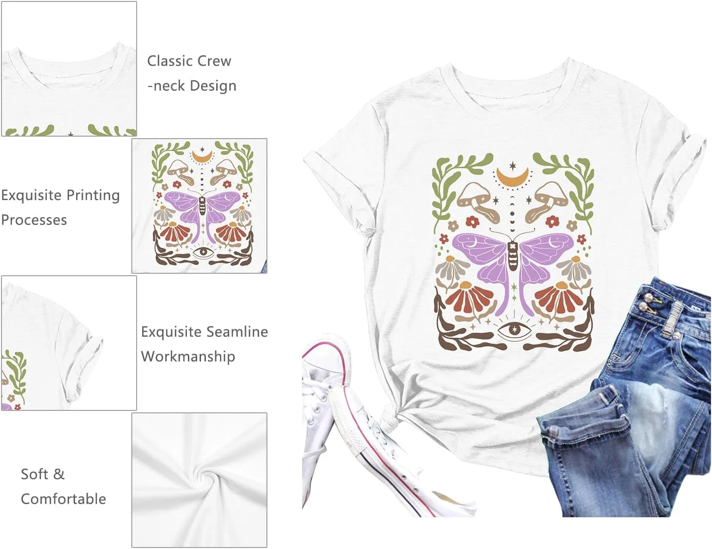 Women's Boho Butterflies Shirts Moon Moth Flower Tshirt Botanical Bee Print Tee Nature Lovers Tops