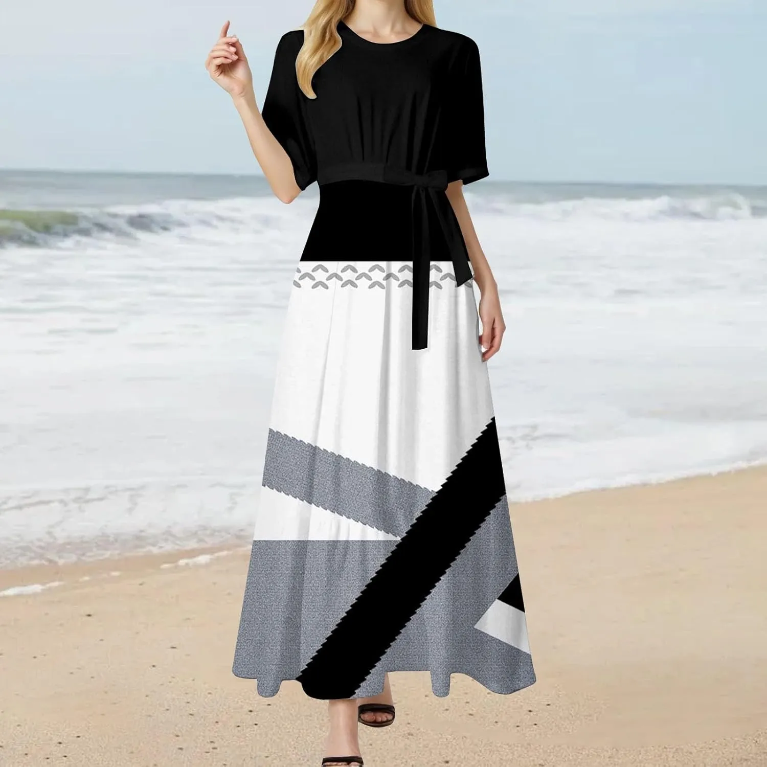 Women's Dresses Casual Summer Tiered Midi Dress Short Sleeve Belted Ruffle Babydoll Boho Sundress with Pockets