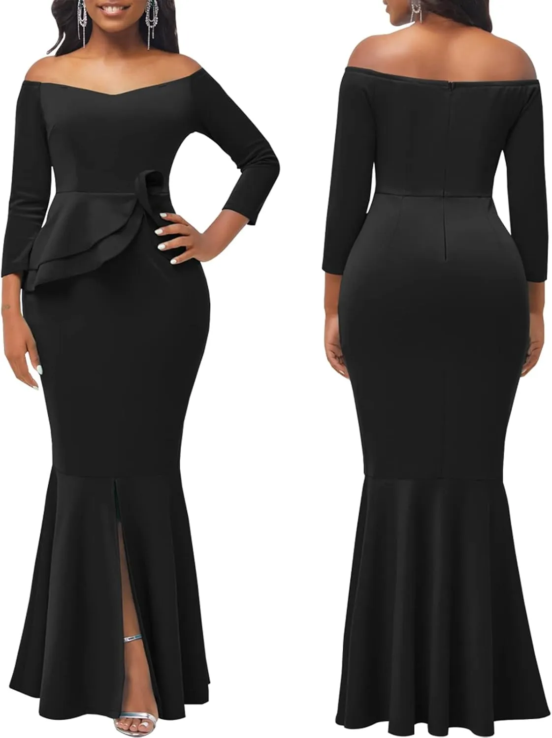 Women's Elegant Formal Mermaid Maxi Dress Off Shoulder Long Sleeve Wedding Split Evening Gown Prom Cocktail Party Dresses