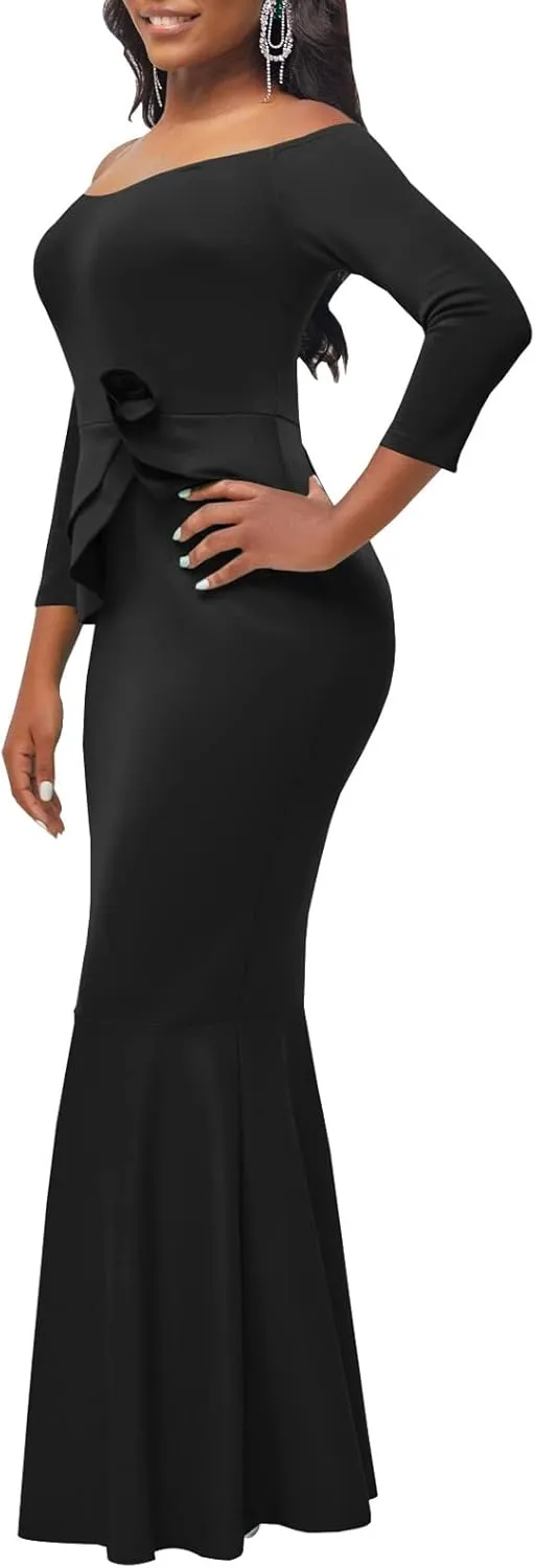 Women's Elegant Formal Mermaid Maxi Dress Off Shoulder Long Sleeve Wedding Split Evening Gown Prom Cocktail Party Dresses