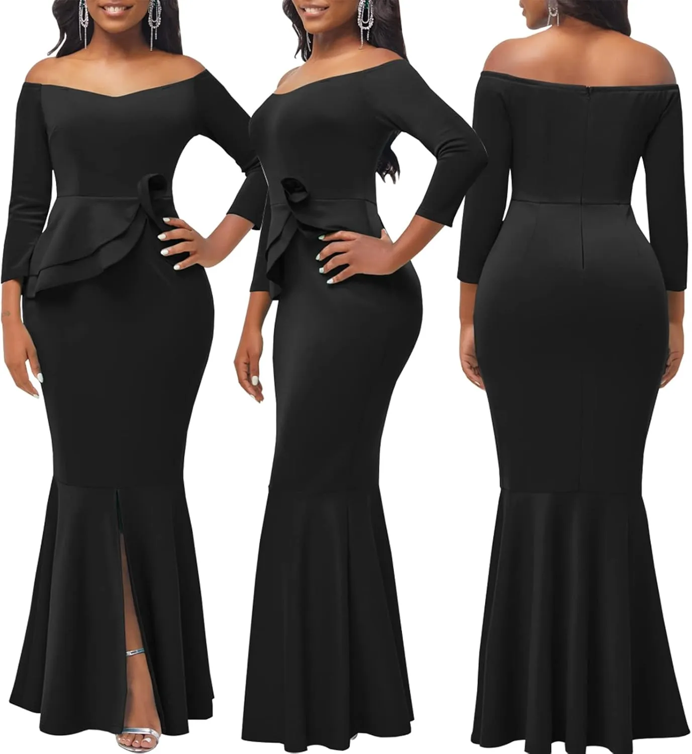 Women's Elegant Formal Mermaid Maxi Dress Off Shoulder Long Sleeve Wedding Split Evening Gown Prom Cocktail Party Dresses