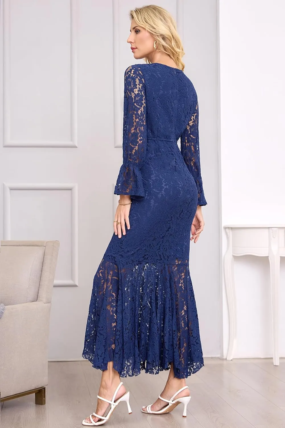 Women's Fall Winter Long Sleeve Floral Lace Mermaid Maxi Dress Elegant Wedding Guest Party Long Dresses Formal Evening Gowns
