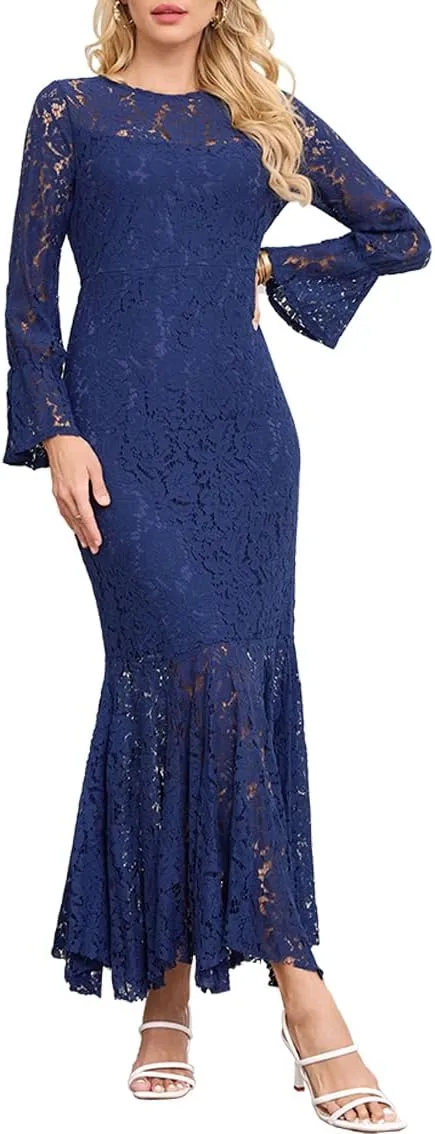 Women's Fall Winter Long Sleeve Floral Lace Mermaid Maxi Dress Elegant Wedding Guest Party Long Dresses Formal Evening Gowns