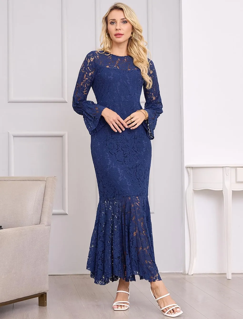 Women's Fall Winter Long Sleeve Floral Lace Mermaid Maxi Dress Elegant Wedding Guest Party Long Dresses Formal Evening Gowns