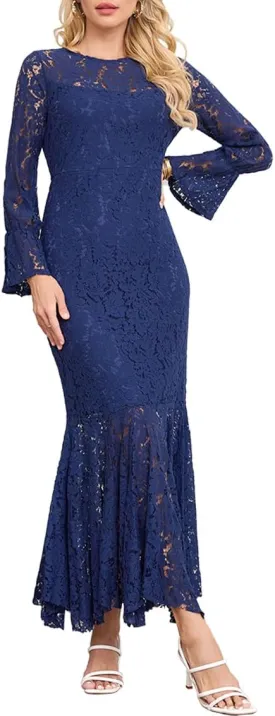 Women's Fall Winter Long Sleeve Floral Lace Mermaid Maxi Dress Elegant Wedding Guest Party Long Dresses Formal Evening Gowns