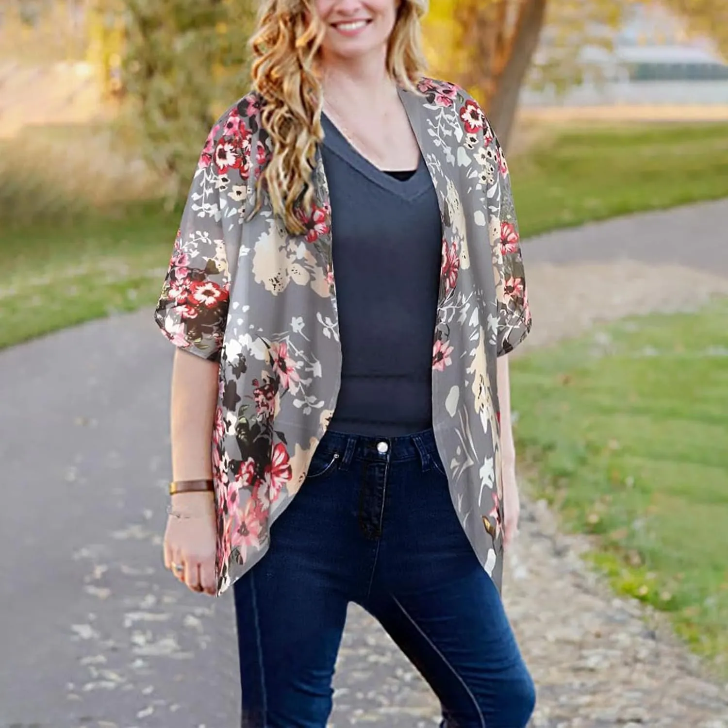 Women's Floral Cardigan Coverups Bohemian Kimono Loose Cover Up Tops Beach Swimsuit Puff Sleeve Blouse Female Chiffon Summer