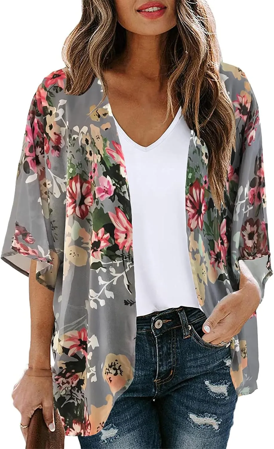 Women's Floral Cardigan Coverups Bohemian Kimono Loose Cover Up Tops Beach Swimsuit Puff Sleeve Blouse Female Chiffon Summer
