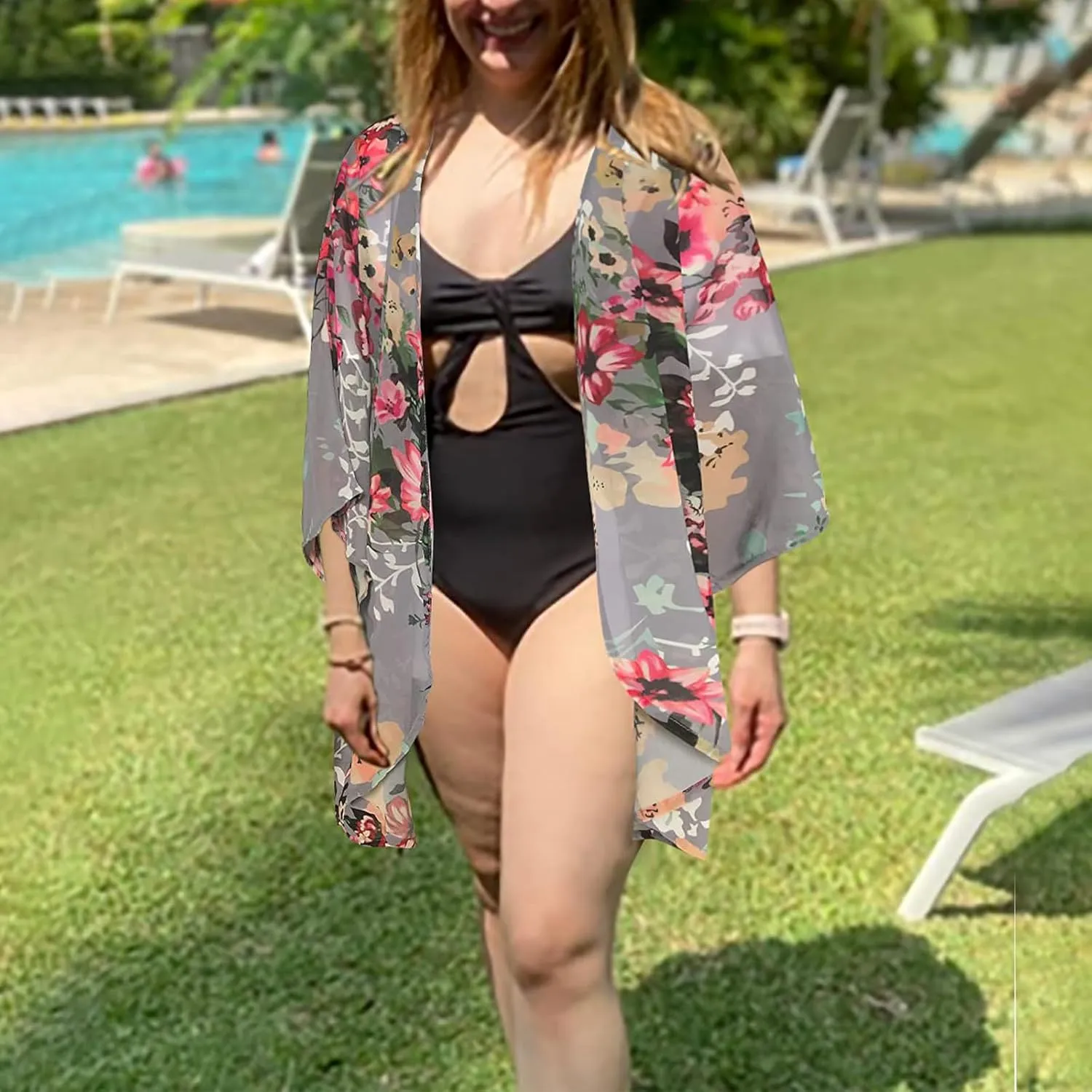 Women's Floral Cardigan Coverups Bohemian Kimono Loose Cover Up Tops Beach Swimsuit Puff Sleeve Blouse Female Chiffon Summer