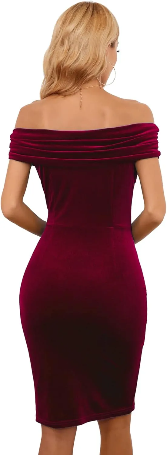 Womens Off Shoulder Velvet Bodycon Cocktail Dresses Midi Vintage Party Formal Evening Club Dress