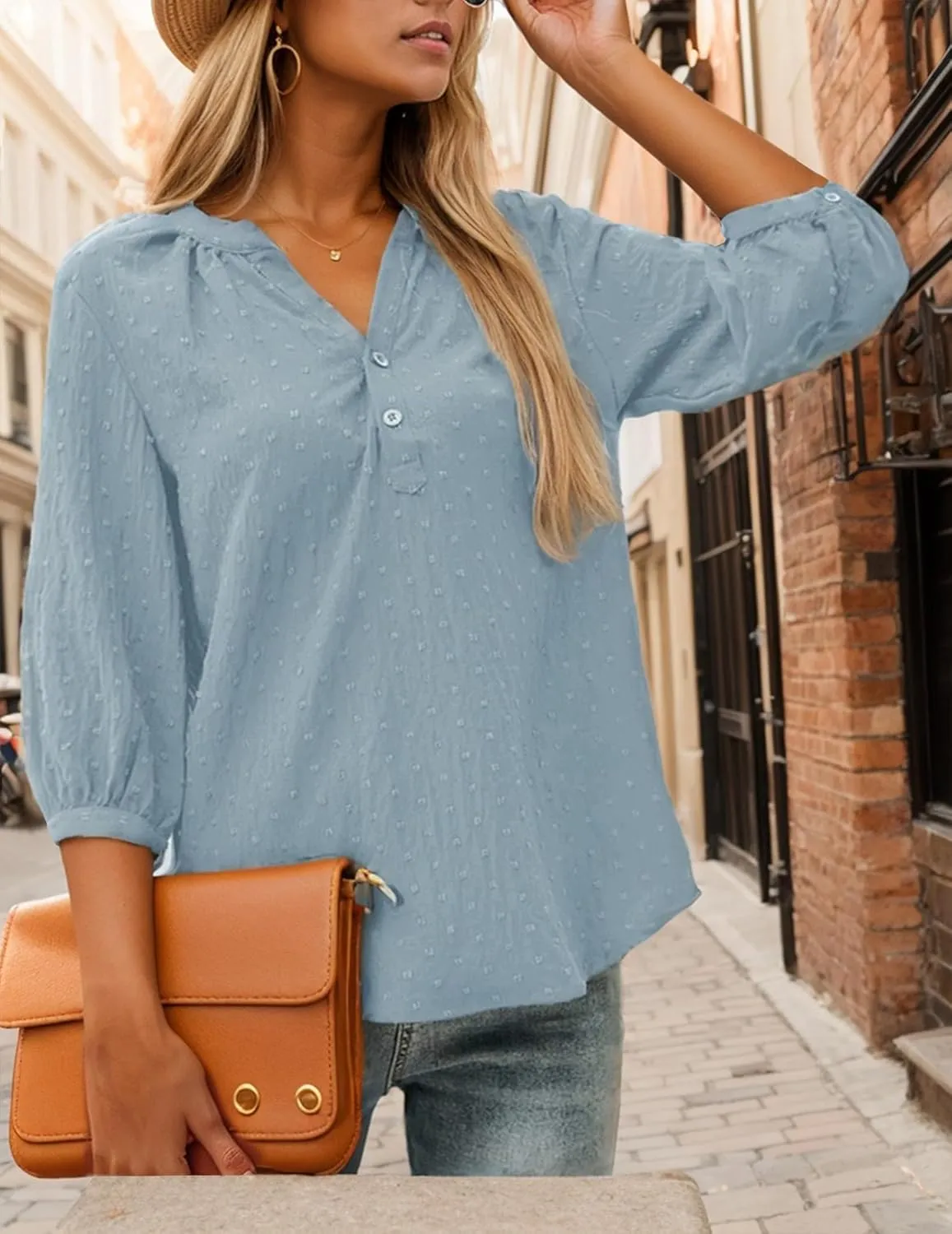 Women's Polka Dot Tops 3/4 Sleeve Henley Button Up Blouses Summer V-Neck Swiss Dot T-Shirts 2025 Spring Outfits S-XXL