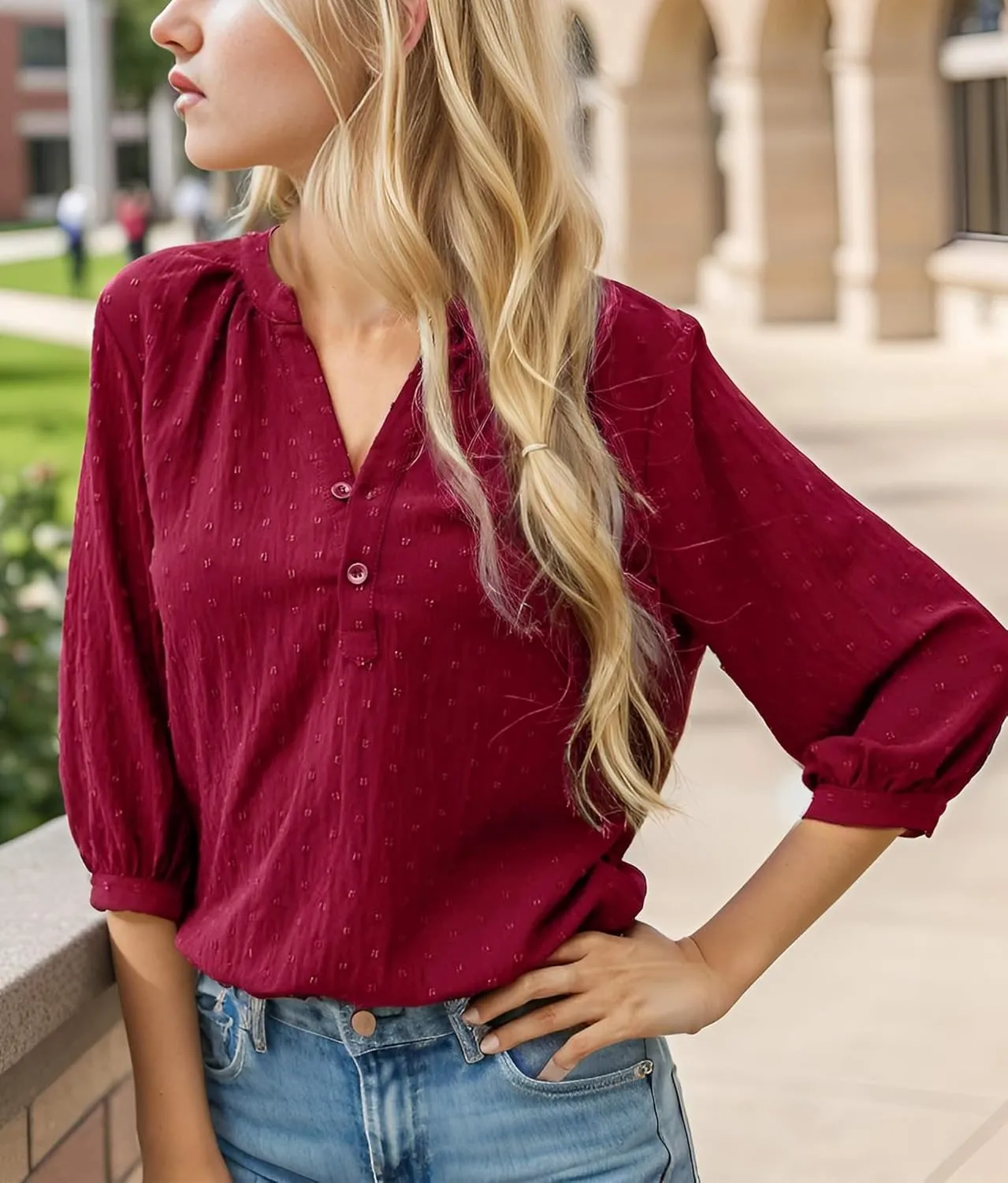 Women's Polka Dot Tops 3/4 Sleeve Henley Button Up Blouses Summer V-Neck Swiss Dot T-Shirts 2025 Spring Outfits S-XXL