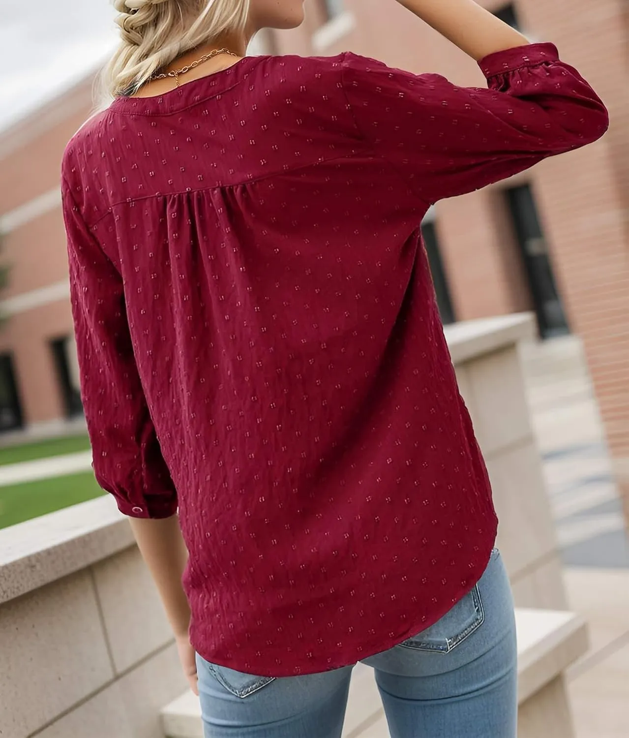 Women's Polka Dot Tops 3/4 Sleeve Henley Button Up Blouses Summer V-Neck Swiss Dot T-Shirts 2025 Spring Outfits S-XXL