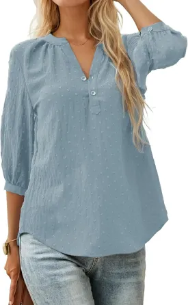 Women's Polka Dot Tops 3/4 Sleeve Henley Button Up Blouses Summer V-Neck Swiss Dot T-Shirts 2025 Spring Outfits S-XXL