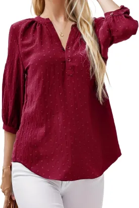 Women's Polka Dot Tops 3/4 Sleeve Henley Button Up Blouses Summer V-Neck Swiss Dot T-Shirts 2025 Spring Outfits S-XXL