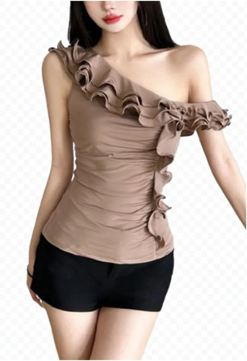 Womens Ruffled Satin Tops Short Sleeve Off Shoulder Slim Fit Elegant Blouses Shirts