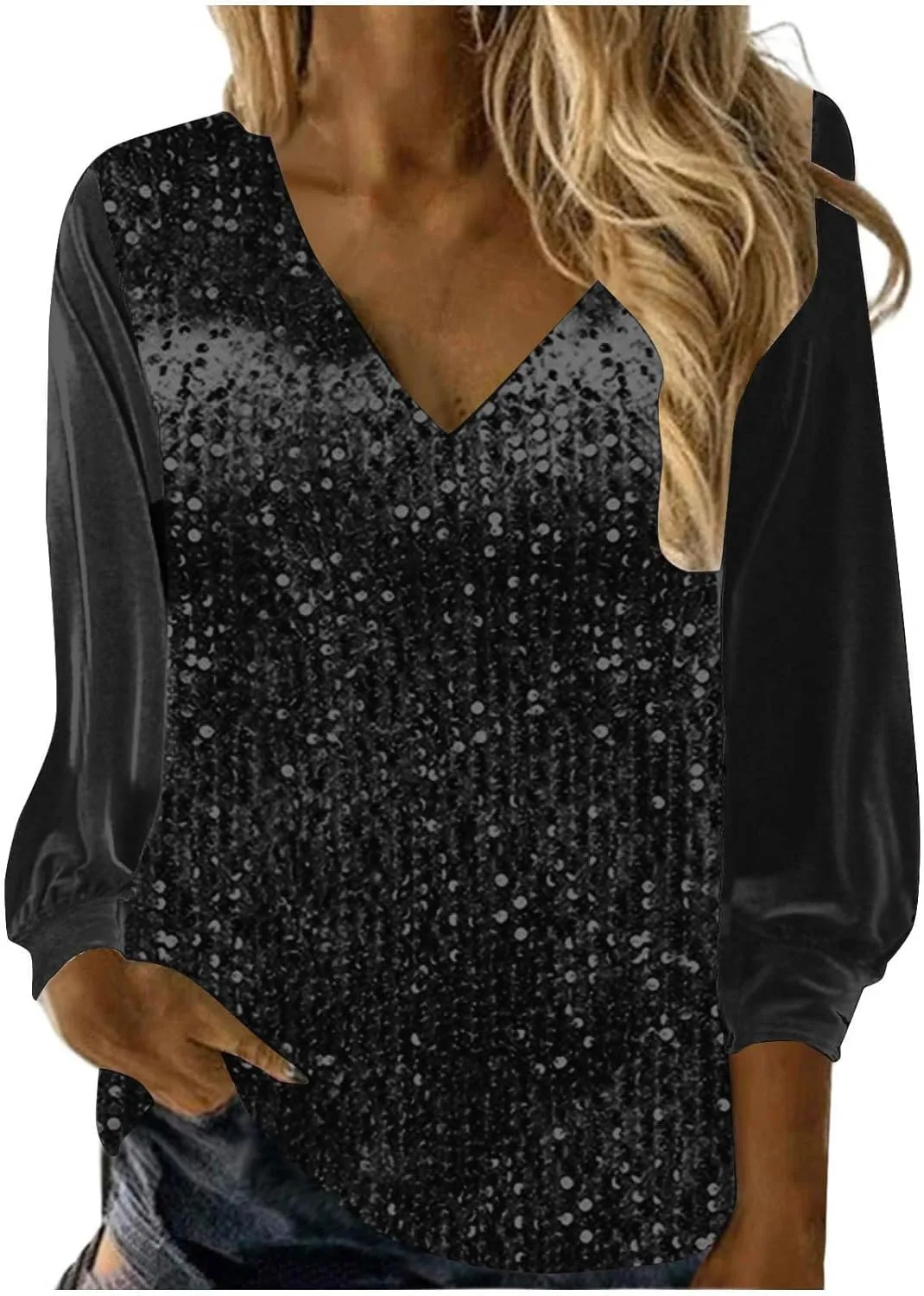 Women's Sequin Tops Sheer Long Sleeve Glitter Sparkly Party Blouse Velvet V-Neck Dressy Tops for Evening Party