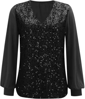 Women's Sequin Tops Sheer Long Sleeve Glitter Sparkly Party Blouse Velvet V-Neck Dressy Tops for Evening Party