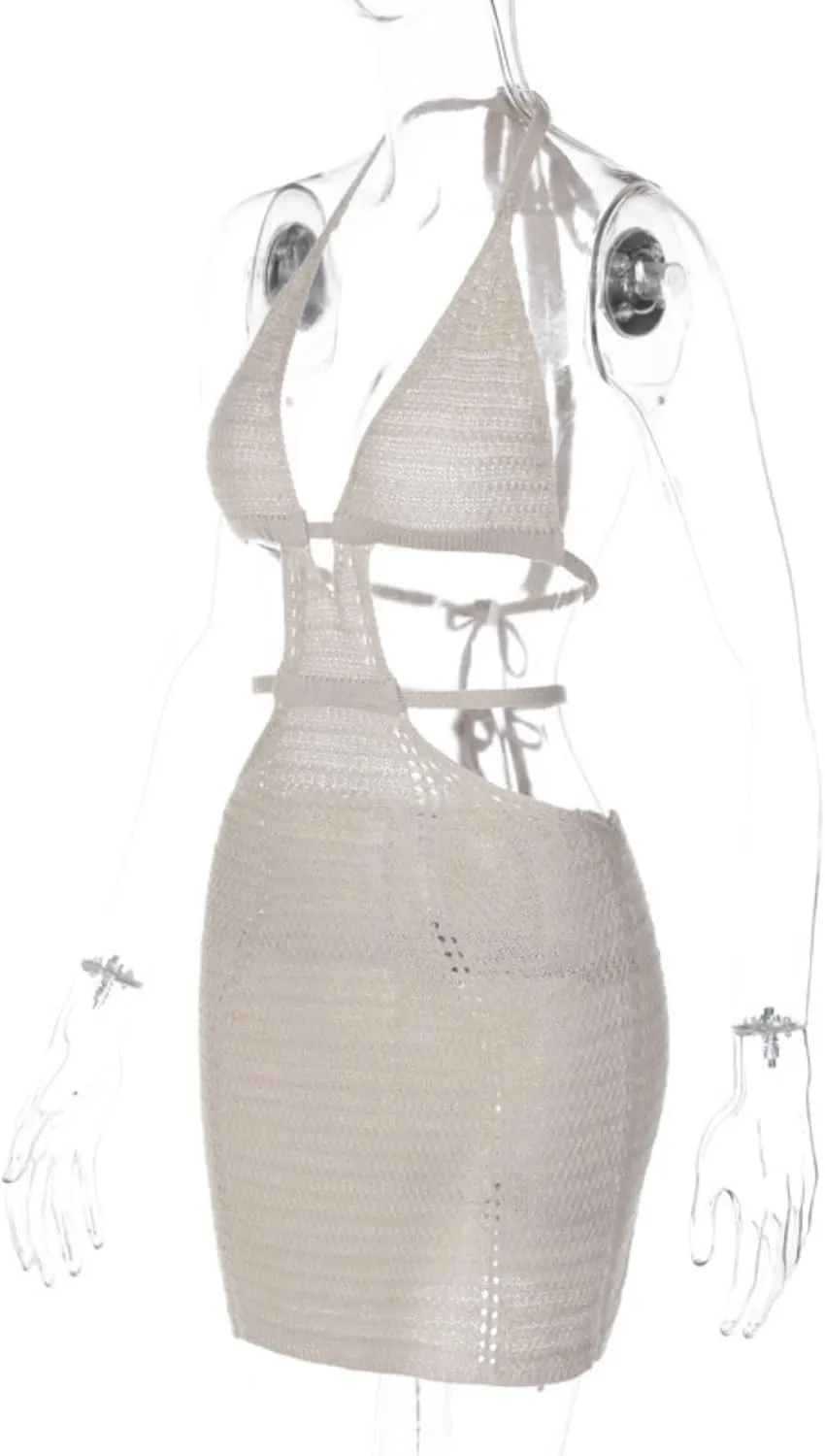 Women's Sexy Halter Hollow Out Knitted Mini Dress Sleeveless Backless Lace Up Bodycon Summer Beach Dress