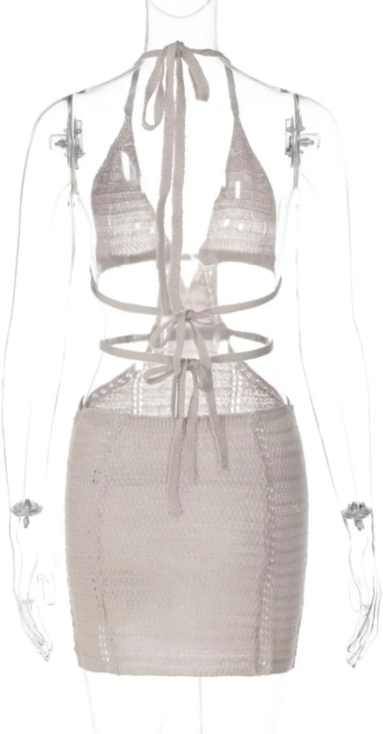 Women's Sexy Halter Hollow Out Knitted Mini Dress Sleeveless Backless Lace Up Bodycon Summer Beach Dress