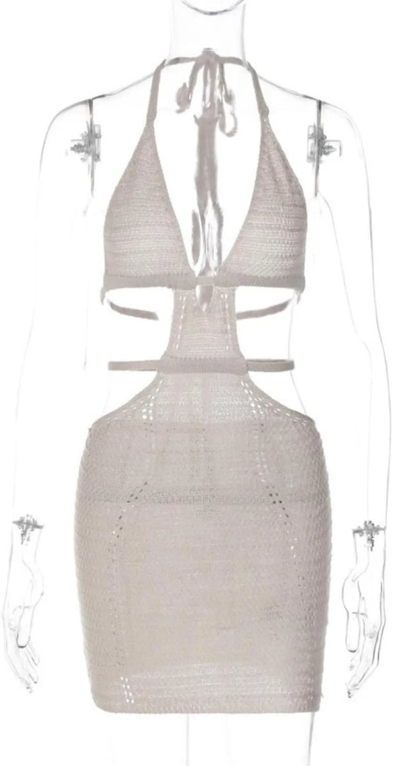 Women's Sexy Halter Hollow Out Knitted Mini Dress Sleeveless Backless Lace Up Bodycon Summer Beach Dress