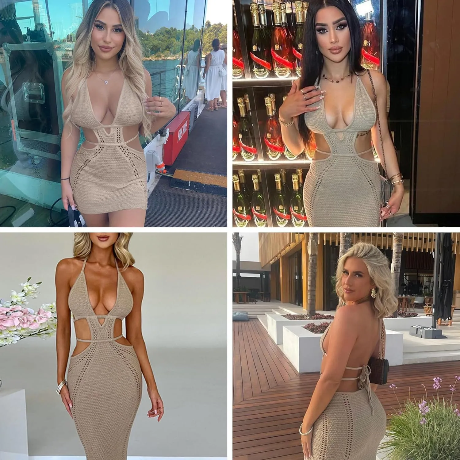 Women's Sexy Halter Hollow Out Knitted Mini Dress Sleeveless Backless Lace Up Bodycon Summer Beach Dress