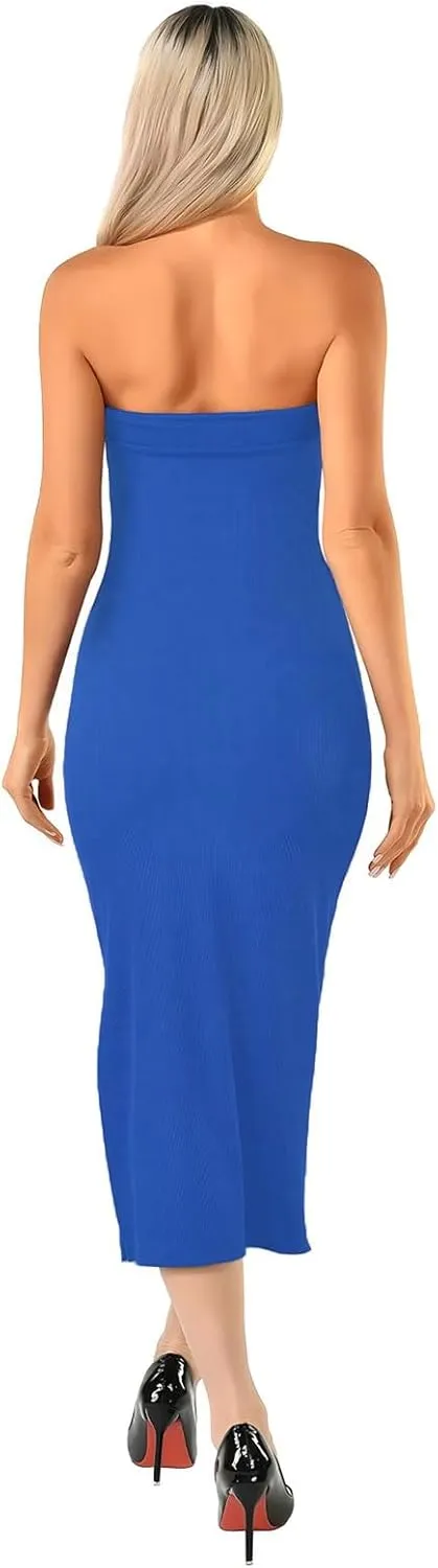 Women's Summer Bodycon Maxi Tube Dress Ribbed Off Shoulder Strapless Side Slit Long Club Party Casual Dresses