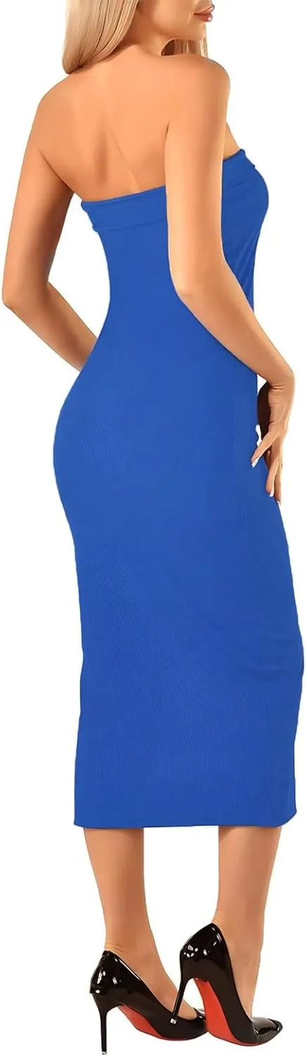 Women's Summer Bodycon Maxi Tube Dress Ribbed Off Shoulder Strapless Side Slit Long Club Party Casual Dresses