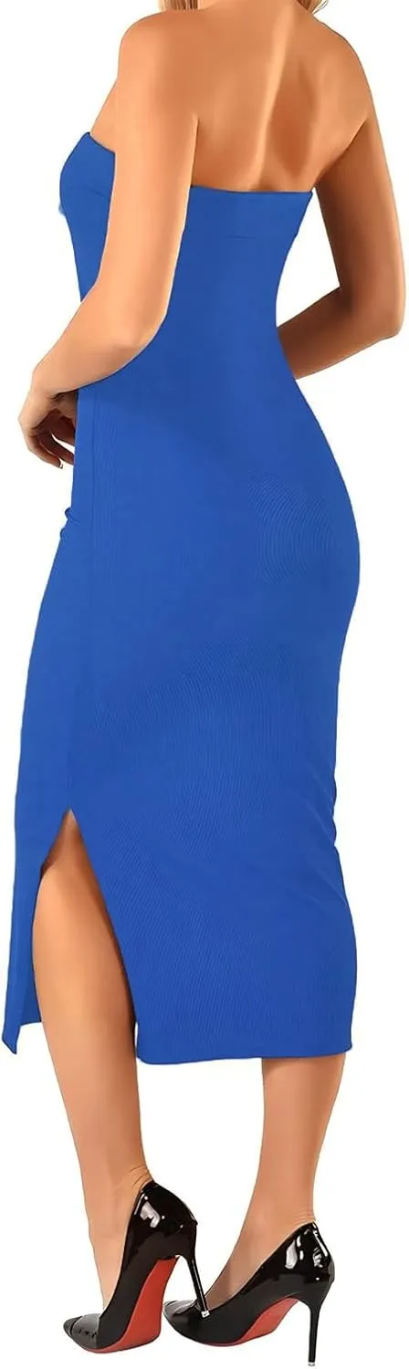Women's Summer Bodycon Maxi Tube Dress Ribbed Off Shoulder Strapless Side Slit Long Club Party Casual Dresses