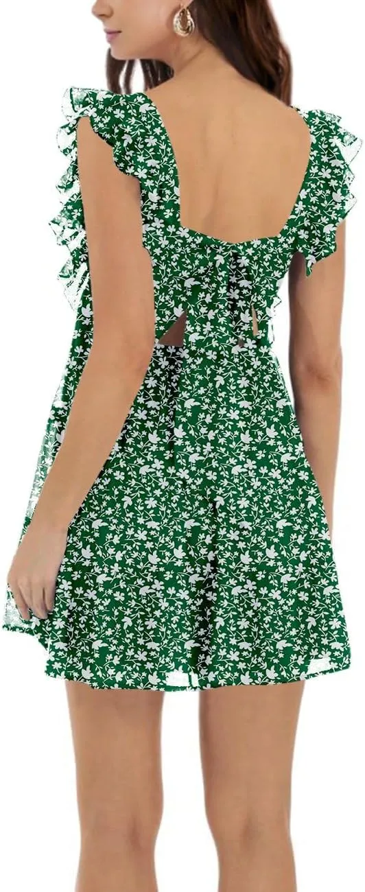 Womens Summer Square Neck Tie Back Ruffle Sleeve Tiered Casual A-Line Short Mini Dress